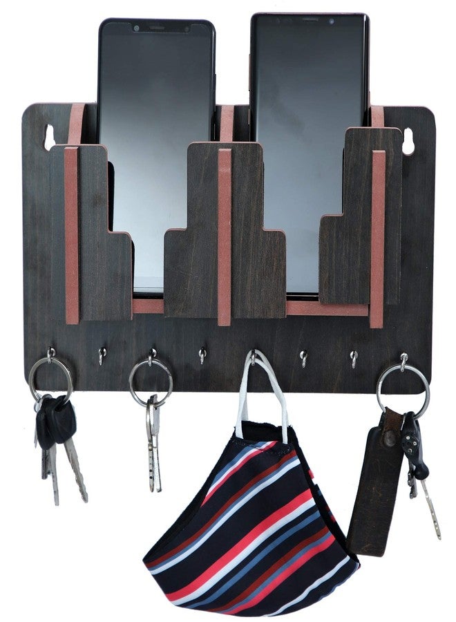 MS ENTERPRISE Key Holder with Mobile Charging Wall Mounted Stand & Cloth toval Hanger Watch Wallet Showpiece Storage Self Wooden Handcrafted Home & Office Decoration (Black) - Image 1